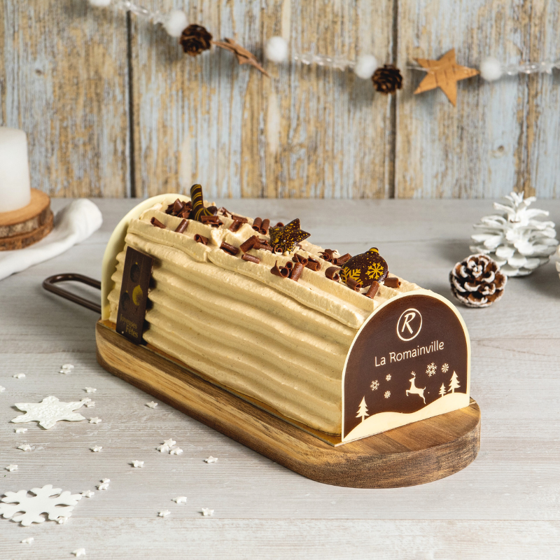 Bûche pâtissière praliné noisette - collection Noël - pâtisserie La Romainville