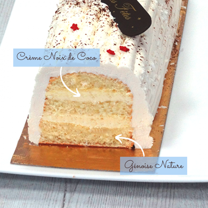 Bûche pâtissière noix de coco - collection Noël - pâtisserie La Romainville Bûche pâtissière noix de coco - collection Noël - pâtisserie La Romainville