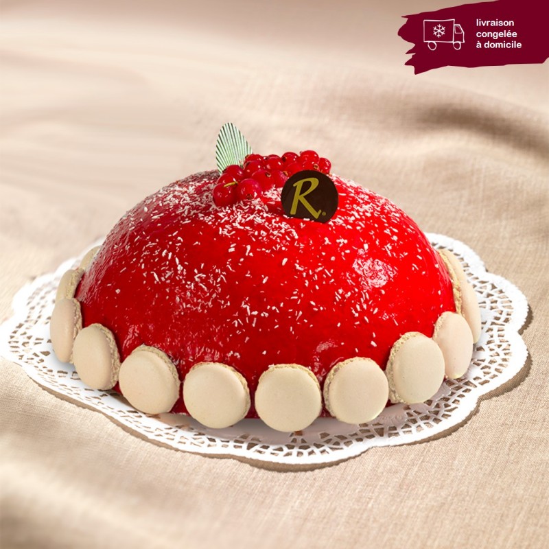 Tartuffio framboise en livraison à domicile - Dôme mousse framboise et macarons - Pâtisserie La Romainville Tartuffio framboise en livraison à domicile - Dôme mousse framboise et macarons - Pâtisserie La Romainville