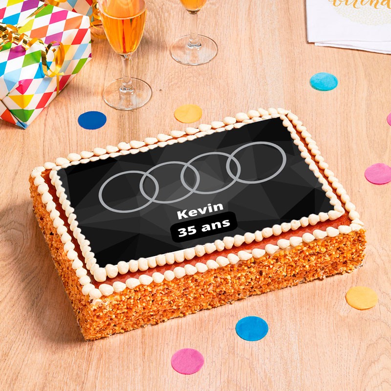 Gâteau d'anniversaire au couleur de la marque de voiture Audi au chocolat, noisette, vanille ou noix de coco