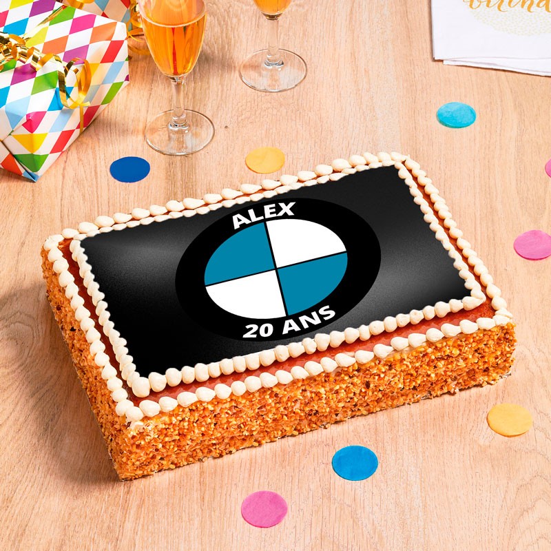 Gâteau d'anniversaire au couleur de la marque de voiture BMW au chocolat, noisette, vanille ou noix de coco